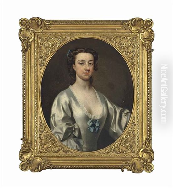 Portrait Of A Lady, Bust-length, In An Oyster Satin Dress, With A Blue Ribbon - view 1