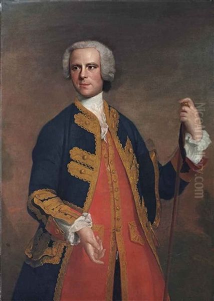 Portrait Of A Gentleman, Three-quarter-length, In A Gold-embroidered Blue Coat And Red Waistcoat, With A Walking Stick - view 1