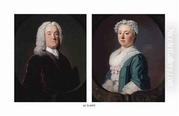 Portrait Of Edward Medley, Of Conyborough, Half-length, In A Mauve Coat And White Neckcloth, In A Sculpted Oval And Portrait Of Sarah Medley, Nee Ward - view 1