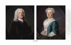 Portrait Of Edward Medley, Of Conyborough, Half-length, In A Mauve Coat And White Neckcloth, In A Sculpted Oval And Portrait Of Sarah Medley, Nee Ward by Allan Ramsay
