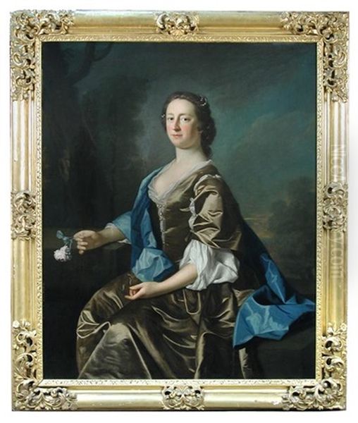 Portrait Of Mrs Ralph Freman, Three Quarter Length, Wearing A Mauve Dress, And Holding A Rose - view 1
