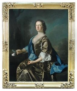 Portrait Of Mrs Ralph Freman, Three Quarter Length, Wearing A Mauve Dress, And Holding A Rose