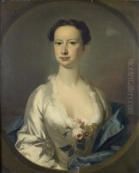 Portrait Of A Lady, Said To Be Lettice Berridge, Half-length, In A White Satin Dress, Embellished With A Rose Corsage - view 1