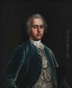 Portrait Of A Young Gentleman, Half-length, In A Blue Coat And Embroidered Waistcoat, A Hat Under His Left Arm