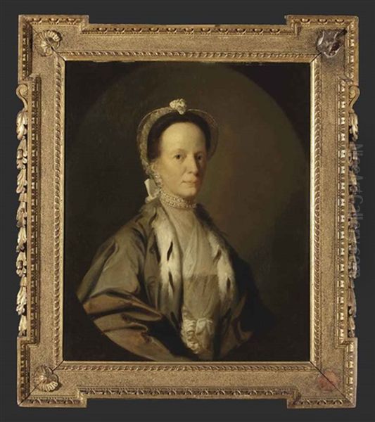 Portrait Of A Lady, In A Fur-lined Grey Robe And A White Blouse, A White Headdress And A Pearl Necklace And Earings, In A Painted Oval - view 1