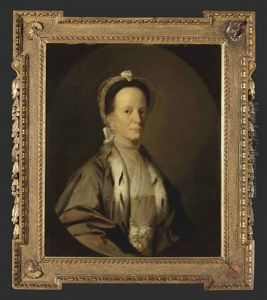 Portrait Of A Lady, In A Fur-lined Grey Robe And A White Blouse, A White Headdress And A Pearl Necklace And Earings, In A Painted Oval