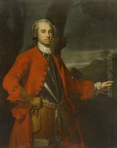 Portrait Of An Officer (major William Caulfeild (1698-1767)?) Wearing A Red Overcoat, A Cuirasse And A Small Sword, Pointing To A Torrent...