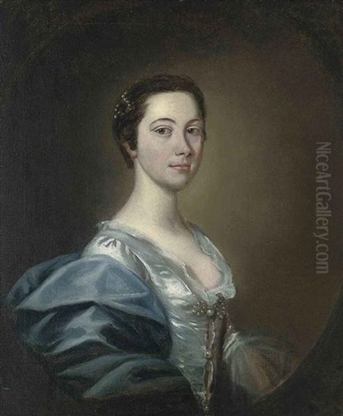 Portrait Of A Lady In An Oyster Satin Dress With Pearl Ornaments And A Blue Wrap - view 1