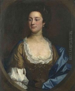 Portrait Of Lady Catherine Hanmer In A Brown Decollete Dress And Shawl, With A Pearl Necklace by Allan Ramsay