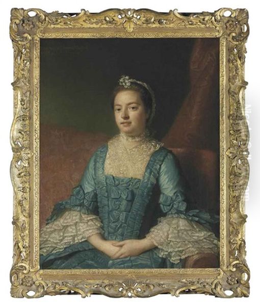 Portrait Of Sarah Verney, In A Blue Dress With Bows, With A Lace Bodice And Cuffs, Seated On A Red Sofa, A Draped Curtain Beyond - view 1
