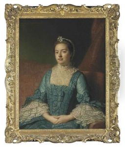 Portrait Of Sarah Verney, In A Blue Dress With Bows, With A Lace Bodice And Cuffs, Seated On A Red Sofa, A Draped Curtain Beyond Portrait Of Sarah Verney, In A Blue Dress With Bows, With A Lace Bodice And Cuffs, Seated On A Red Sofa, A Draped Curtain Beyond