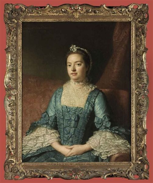 Portrait Of Sarah Verney In A Blue Dress With Bows, With A Lace Bodice And Cuffs, Seated On A Red Sofa, A Draped Curtain Beyond - view 1