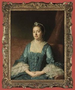 Portrait Of Sarah Verney In A Blue Dress With Bows, With A Lace Bodice And Cuffs, Seated On A Red Sofa, A Draped Curtain Beyond by Allan Ramsay