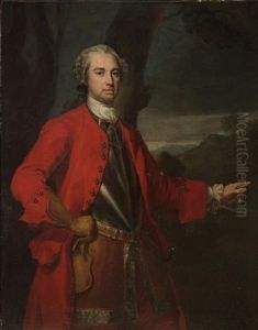 Portrait Of An Officer (major William Caulfeild?) Wearing A Red Overcoat, A Cuirasse And A Small Sword, Pointing To A Torrent In A Highland Glen