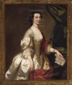 Portrait Of Anne Gordon In A Silver Dress And Red Wrap, Holding A Sheet Of Music In Her Heft Hand