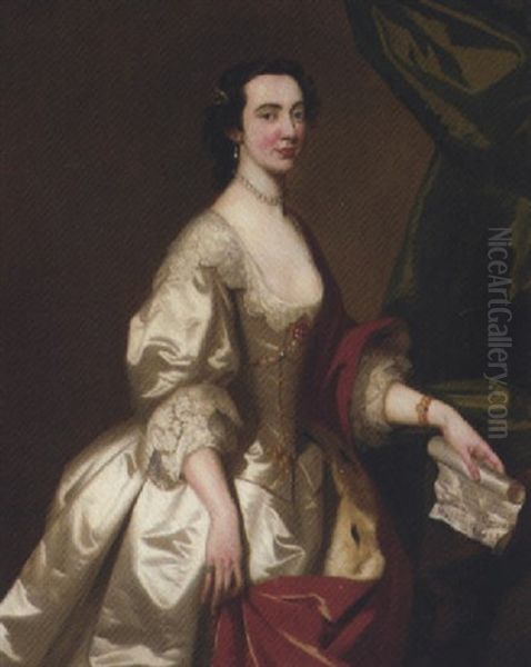 Portrait Of Anne Gordon In A Silver Dress And Red Wrap, Holding A Sheet Of Music In Her Left Hand - view 1