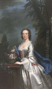 Portrait Of A Lady (flora Macdonald?), In A White Satin Dress, A Pink Bodice And Blue Shawl, By A Plinth With Flowers In A Basket, In A Wooded Landscape