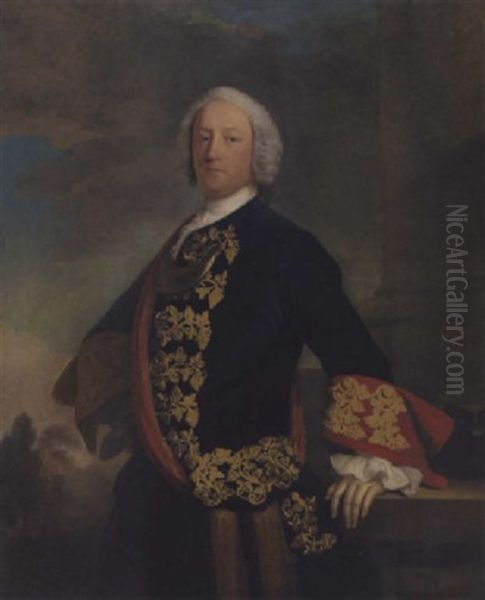 Portrait Of A Gentleman (lord John Murray, 1st Duke Of Atholl?) In A Deep Blue Coat With Red Sash And Cuffs Decorated With Gold Brocade, His Left Hand Resting On A Column With A Landscape Beyond - view 1