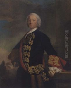 Portrait Of A Gentleman (lord John Murray, 1st Duke Of Atholl?) In A Deep Blue Coat With Red Sash And Cuffs Decorated With Gold Brocade, His Left Hand Resting On A Column With A Landscape Beyond by Allan Ramsay
