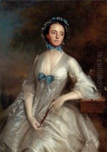Portrait Of A Lady In A White Dress And Cap With Blue Bows, Holding A Fan And Resting Her Left Arm On A Ledge