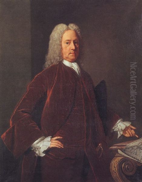 Portrait Of A Gentleman (james Edward Oglethorpe?), In A Red Velvet Coat, Pointing To A Map Of Georgia - view 1