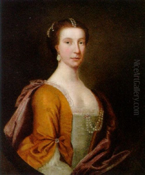 Portrait Of A Lady In A Yellow Dress With A Red Wrap, Pearls At Her Corsage - view 1