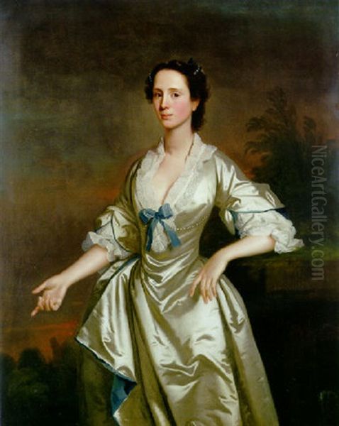 Portrait Of Lady Margaret Grant In A Blue-lined Oyster Satin Dress With A Blue Bow - view 1