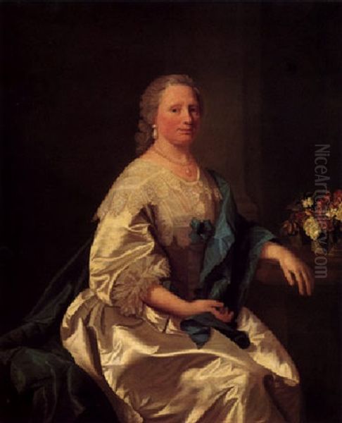 Portrait Of Lettice Leighton Wearing A Fine White Satin And Lace Dress, With A Blue Ribbon And Robes - view 1