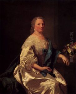 Portrait Of Lettice Leighton Wearing A Fine White Satin And Lace Dress, With A Blue Ribbon And Robes by Allan Ramsay