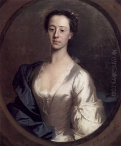 Portrait Of Catherine Gale Wearing A Silver Silk Dress, And A Blue Shawl, With Flowers In Her Hair
