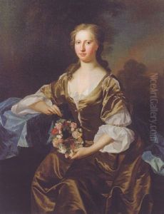Portrait Of A Lady (anne Livingstone?) In A Brown Satin Dress And Blue Wrap, Holding A Garland Of Flowers, In A Landscape