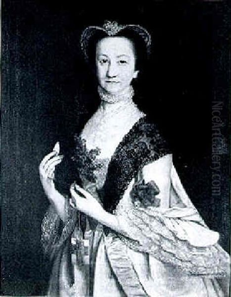 Portrait Of A Lady Wearing A White Dress With Lace Bodice And Holding A Card Of Wool - view 1