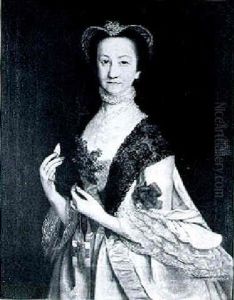 Portrait Of A Lady Wearing A White Dress With Lace Bodice And Holding A Card Of  Wool