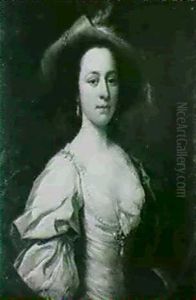 Portrait Of Lady Susan Paulett, Half Length, Wearing A      Cream And Blue Satin Dress With Pearls And A Cream Hat ...
