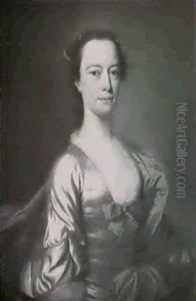 Portrait Of A Lady, Half Length, Wearing A Grey Satin Dress With A Blue Bow, A String Of Pearls And A Blue Sash - view 1