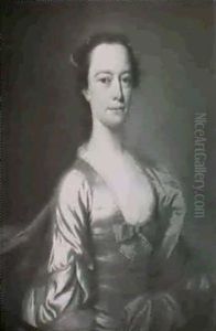 Portrait Of A Lady, Half Length, Wearing A Grey Satin Dress With A Blue Bow, A String Of Pearls And A Blue Sash
