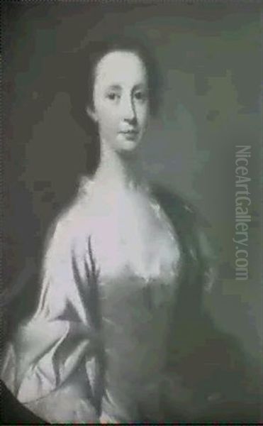 Portrait Of A Lady, Half Length, Wearing A White Satin Dress And Blue Cloak - view 1