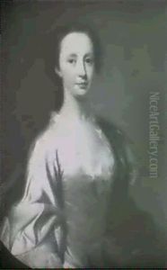 Portrait Of A Lady, Half Length, Wearing A White Satin      Dress And Blue Cloak