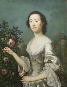 Portrait Of A Lady, Half-length, In A White Dress, Holding A Rose