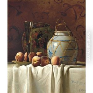 Still Life With Peaches, Champagne Flute And Chinoiserie by Milne Ramsey