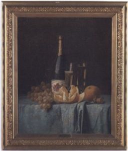 Still Life Of A Bottle Of Wine, Goblets, Grapes, And Oranges On A Table With Floral Cloth