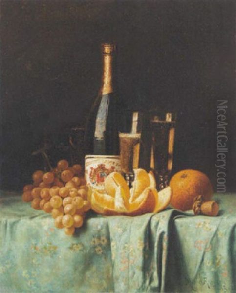 Still Life With Champagne Bottle, Oranges, Grapes And Flutes - view 1