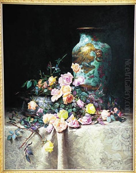 Roses And An Oriental Vase On A Brocade Tablecoth - view 1