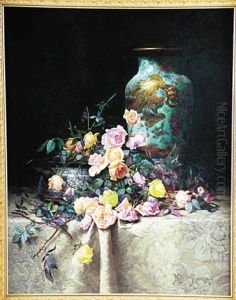 Roses And An Oriental Vase On A Brocade Tablecoth