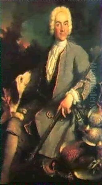 Portrait Of A Hunter, Seated Full Length, Wearing A Grey Jacket And White Shirt Holdinga Rifle, A Dog In Landscape - view 1