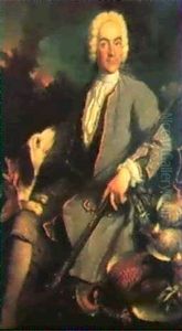 Portrait Of A Hunter, Seated Full Length, Wearing A Grey    Jacket And White Shirt Holdinga Rifle, A Dog In Landscape