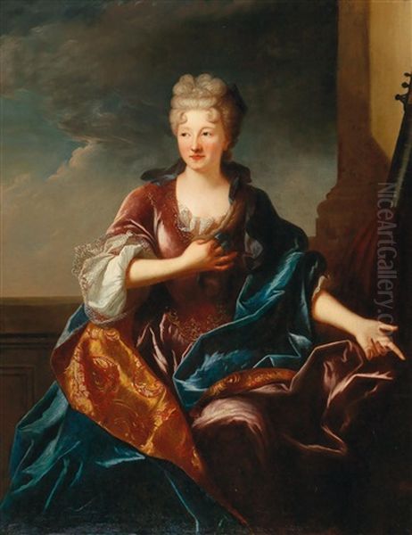A Portrait Of An Elegant Lady In A Red Dress And Blue Cloak - view 1