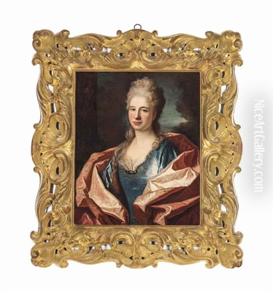 Portrait Of A Lady, Bust-length, In A Blue Silk Dress Trimmed With Lace And Embroidered With Gold Thread - view 1
