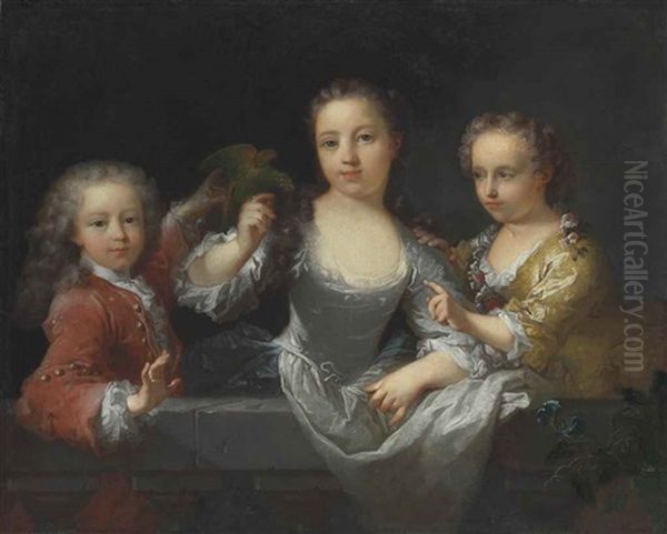 Portrait Of Three Children With A Parakeet - view 1