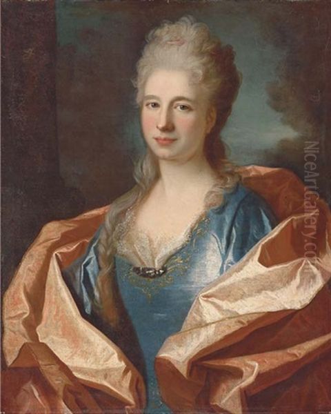 Portrait Of A Lady, Bust-length, In A Blue Silk Dress Trimmed With Lace And Embroidered With Gold Thread And With A Pink Silk Shawl, A Landscape Beyond - view 1